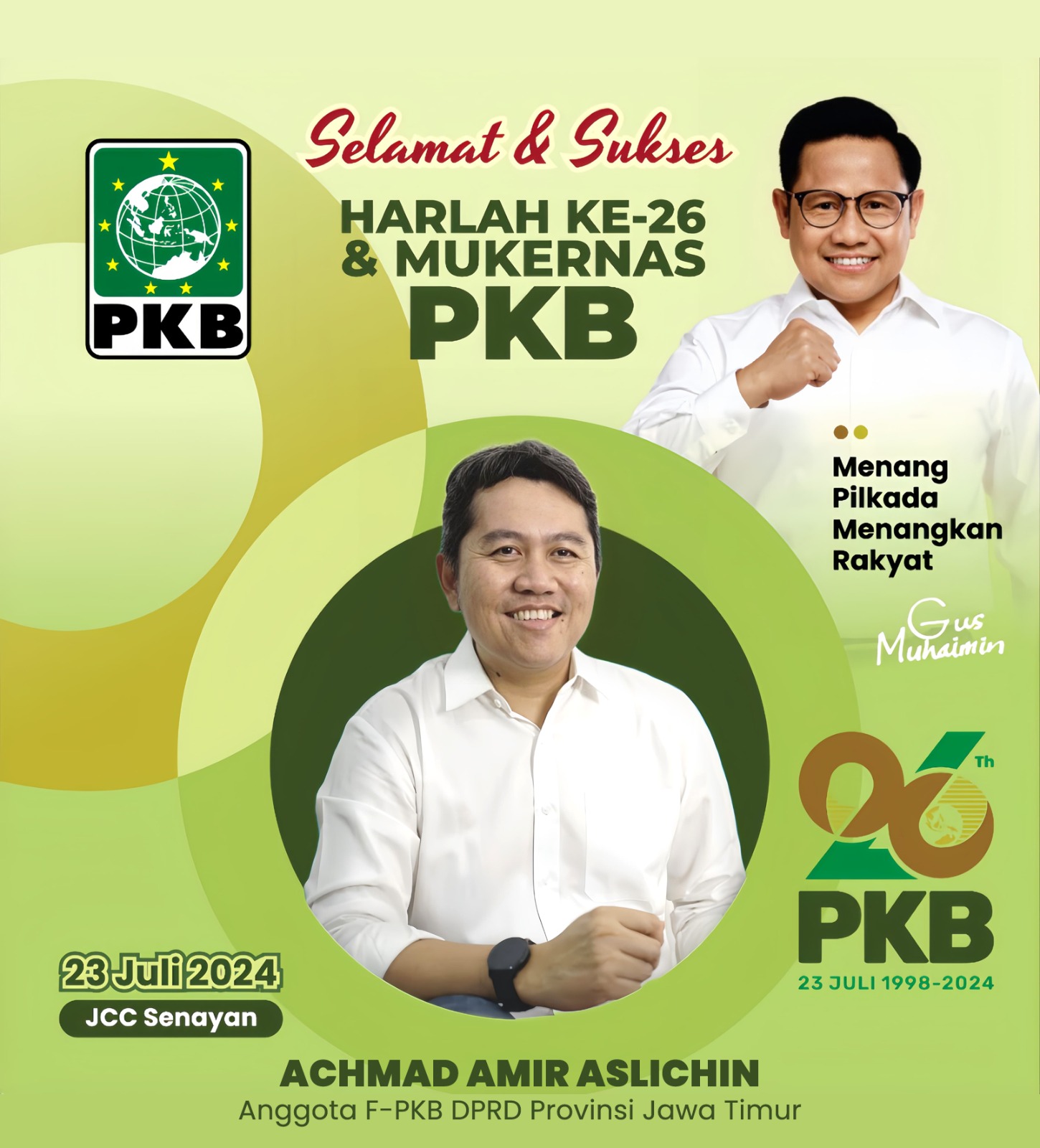 Anggota Fraksi PKB DPRD Provinsi Jatim, Achmad Amir Aslichin Mengucapkan Selamat dan Sukses Harlah ke 26 dan Mukernas PKB