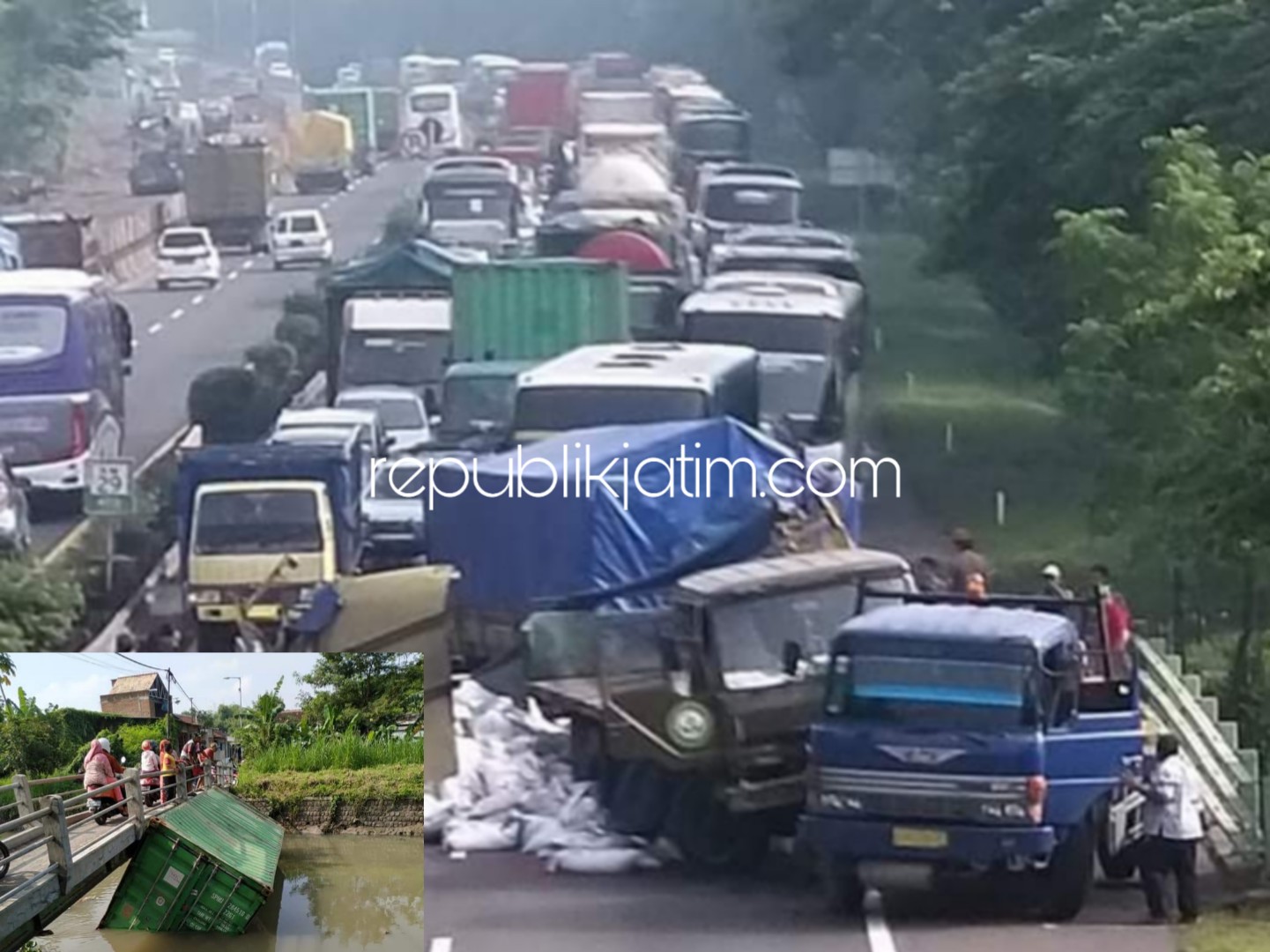 Truk Gandeng Angkut Pupuk Tabrak Truk Kontainer di Tol Sidoarjo Picu Kemacetan