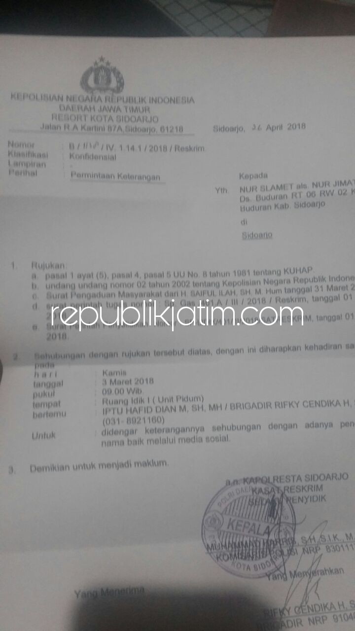 Bupati Sidoarjo Laporkan Mantan Kontraktor Buduran Atas Kasus Dugaan Ujaran Kebencian