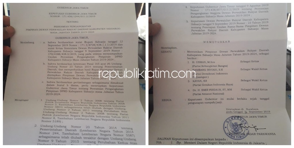 Gubernur Jatim Tetapkan 4 Pimpinan DPRD Sidoarjo, Segera Bahas AKD