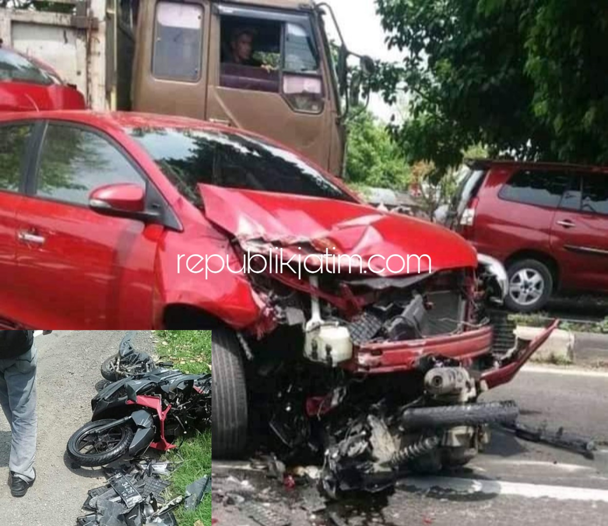 Sopir Yaris Ngantuk Mobil Jumping Tabrak Media Jalan dan Vario, 1 Tewas 1 Terluka