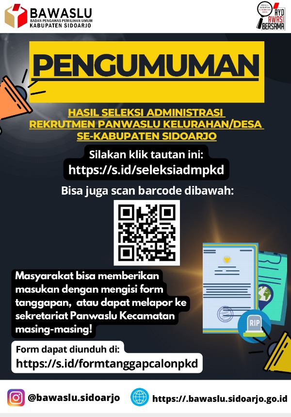 Ini Pengumuman Hasil Seleksi Administrasi Rekrutmen Panwaslu Kelurahan/Desa se Kabupaten Sidoarjo  